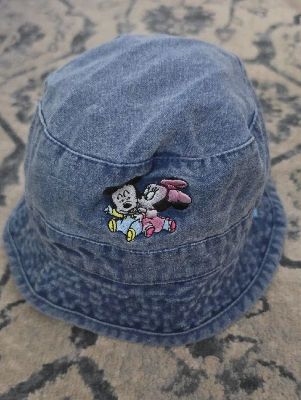 Vintage Disney Baby Denim Bucket Hat Embroidered Mickey & Minnie 46cm 6-9